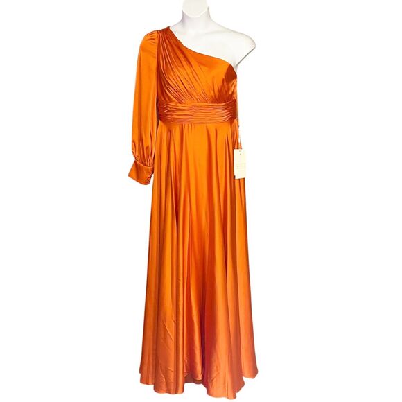 NEW Mac Duggal Ieena One Shoulder Bishop Sleeve Gown Spice Orange Pockets Sz 12 - Picture 2 of 14